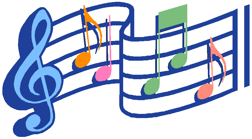 Colorful musical notes on a staff with a treble clef, symbolizing music education and creativity.