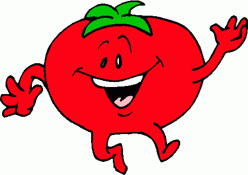Cheerful red tomato cartoon character with green stem, smiling and waving.