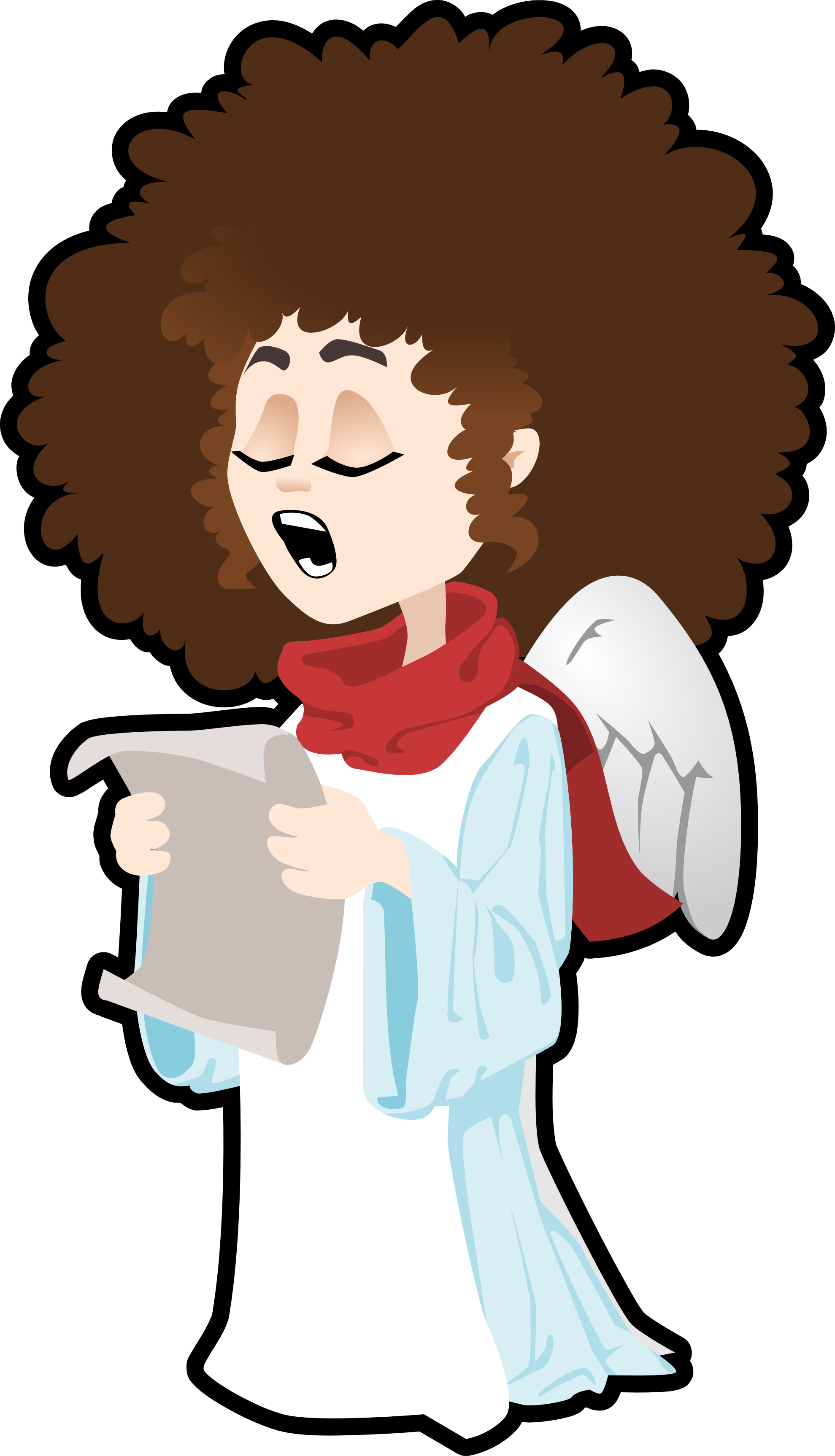 Cartoon angel with afro hair singing while holding a scroll, wearing white robe, red scarf, and wings.