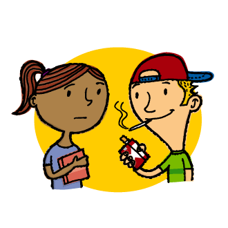 A concerned girl watches a boy smoking from a vape pen while holding a book.