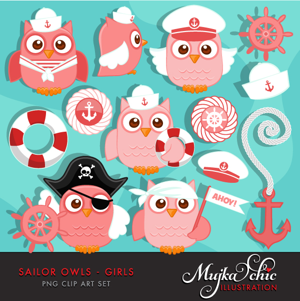 Adorable pink sailor and pirate-themed owl clip art set with nautical accessories like anchors, lifebuoys, and ship wheels.