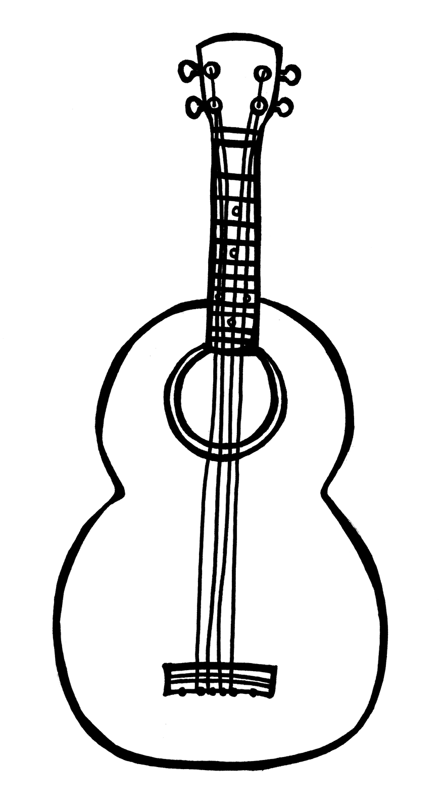 Hand-drawn white acoustic guitar with six strings on black background, minimalist line art style.