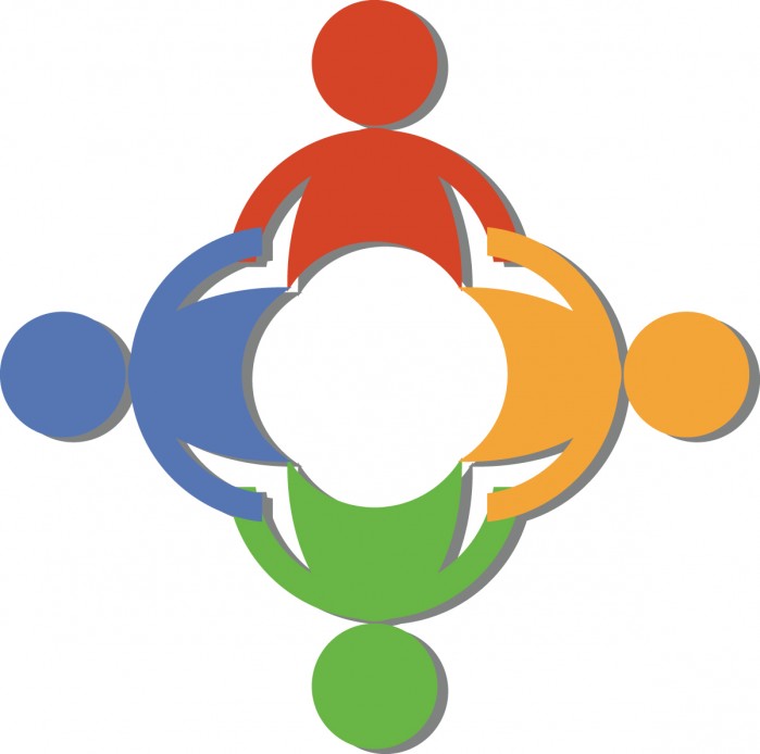 Four colorful stylized people holding hands in a circle around a central white space, symbolizing unity and collaboration.