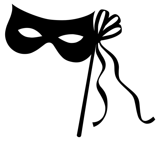 Black masquerade mask on a stick with flowing ribbons, classic carnival or party accessory.