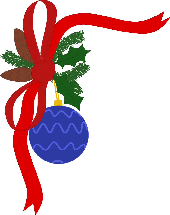 Blue Christmas ornament with wavy pattern, red-and-white ribbon bow, holly leaves, and pinecone on black background.