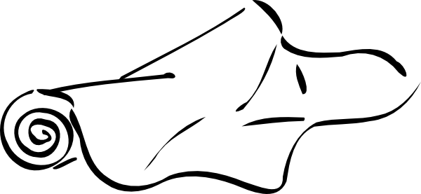 Hand-drawn illustration of a rolled-up scroll or parchment with flowing edges.