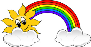A cheerful yellow sun with a smiling face peeking over a fluffy cloud, with a vibrant rainbow arching across the sky above another cloud.