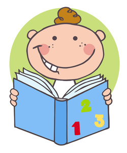 Happy cartoon child reading a blue book with numbers 1, 2, and 3 on the cover.