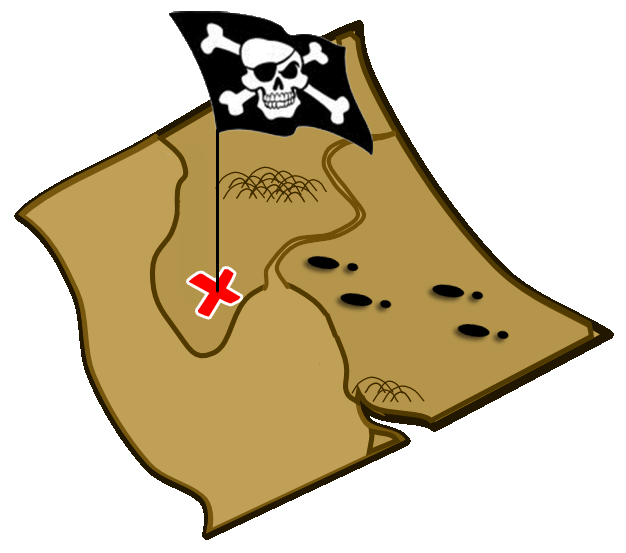 Vintage-style pirate treasure map with a skull-and-crossbones flag marking the spot with a red X.
