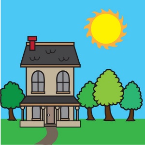 A cheerful cartoon house with a red chimney, arched windows, and green trees under a bright yellow sun.