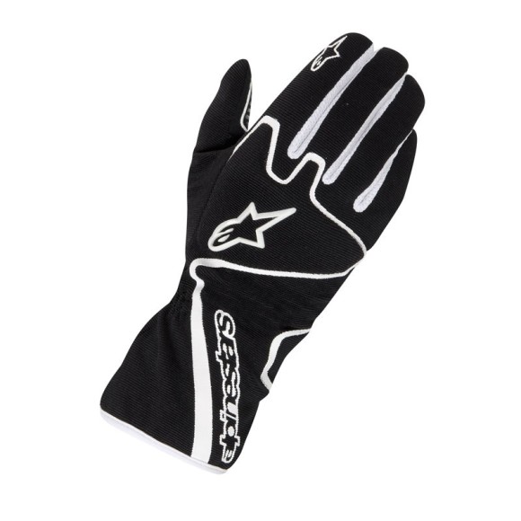 Black Alpinestars racing glove with white stitching and logo, designed for motorsport performance and grip.