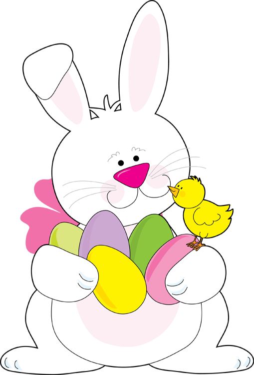A cheerful white Easter bunny holds colorful eggs while a yellow chick perches on its paw.