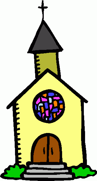 Colorful cartoon church with stained-glass window, steeple, and wooden doors.