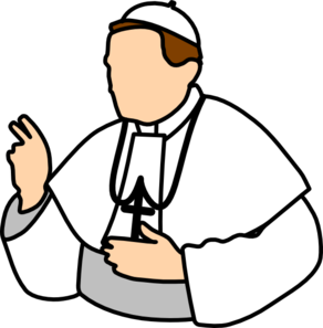 Illustrated Pope in white papal vestments holding a crucifix and gesturing blessing.
