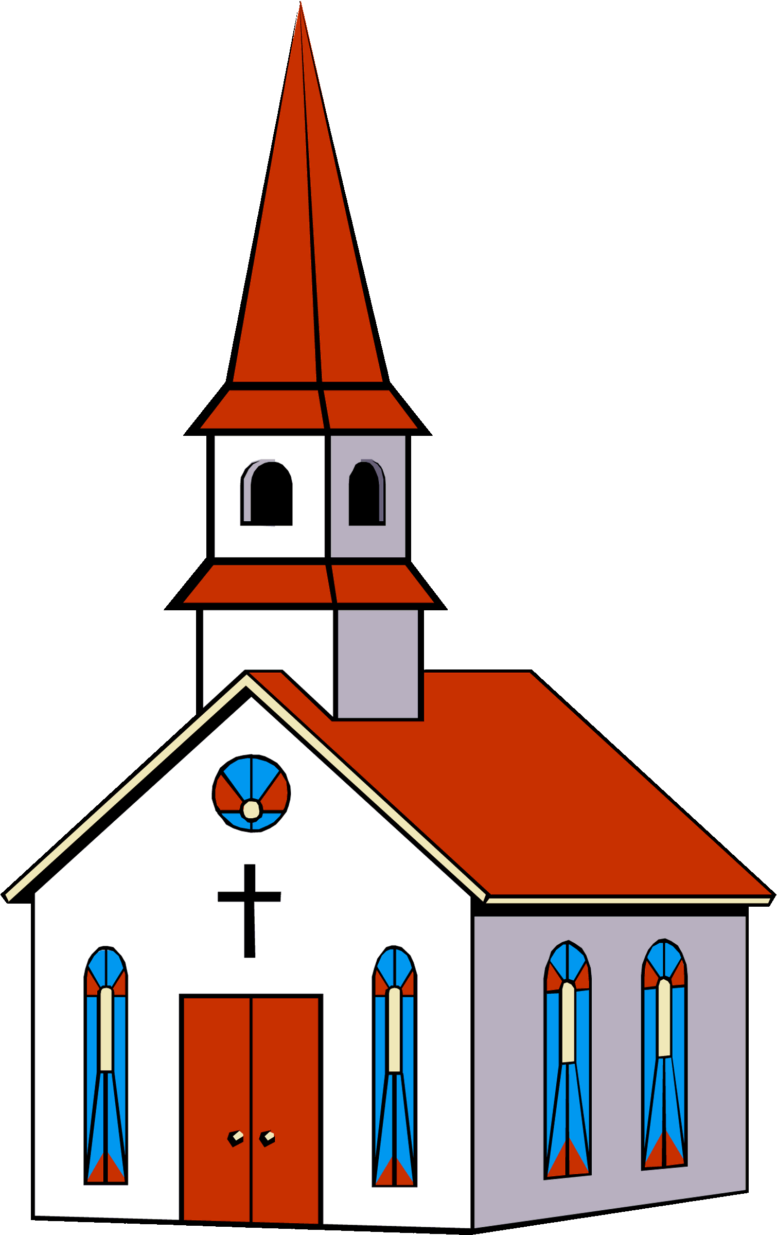 Stylized cartoon church with red steeple, white facade, blue stained-glass windows, and black cross.