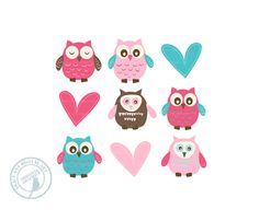 Six cute cartoon owls in pink, teal, and brown with hearts on a white background.