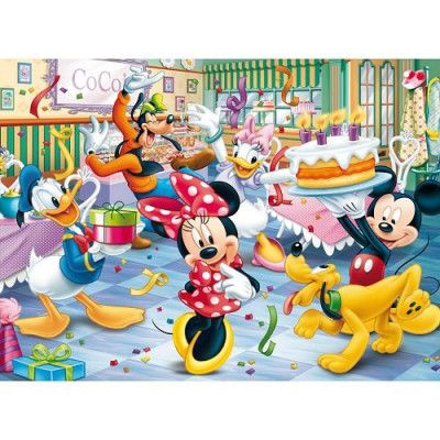 Mickey, Minnie, Donald, Daisy, Goofy, and Pluto celebrate a joyful birthday party with cake, gifts, and confetti.