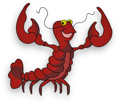 Cheerful red cartoon lobster with raised claws, smiling face, and antennae, isolated on white background.
