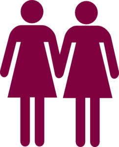 Two maroon female figures holding hands, symbolizing partnership, LGBTQ+ relationships, or gender inclusivity.