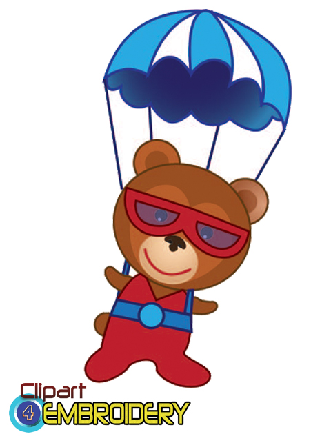 A cartoon bear in a red superhero suit and goggles parachuting with a blue canopy.