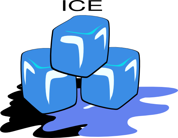 Three blue cartoon ice cubes melting into a puddle, with white and cyan highlights indicating frost and transparency.