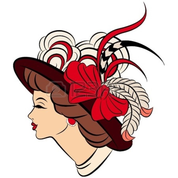 Vintage-style woman in profile wearing an ornate red and white feathered hat with swirls and ribbons.