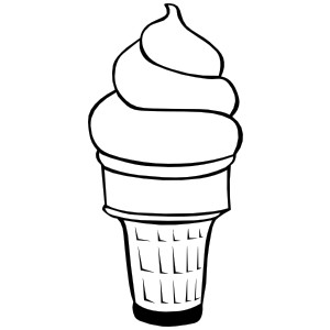 Black-and-white line drawing of a soft-serve ice cream in a waffle cone with a swirl top.