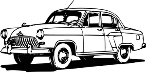 Black-and-white line drawing of a classic 1950s sedan with prominent grille and rounded body design.