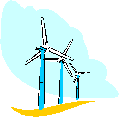 Three blue wind turbines on a yellow hill against a light blue sky with clouds.