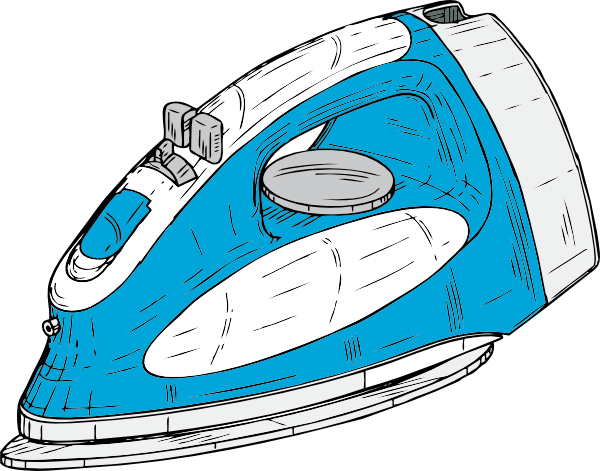 Blue and white steam iron illustration with control dial and water fill cap