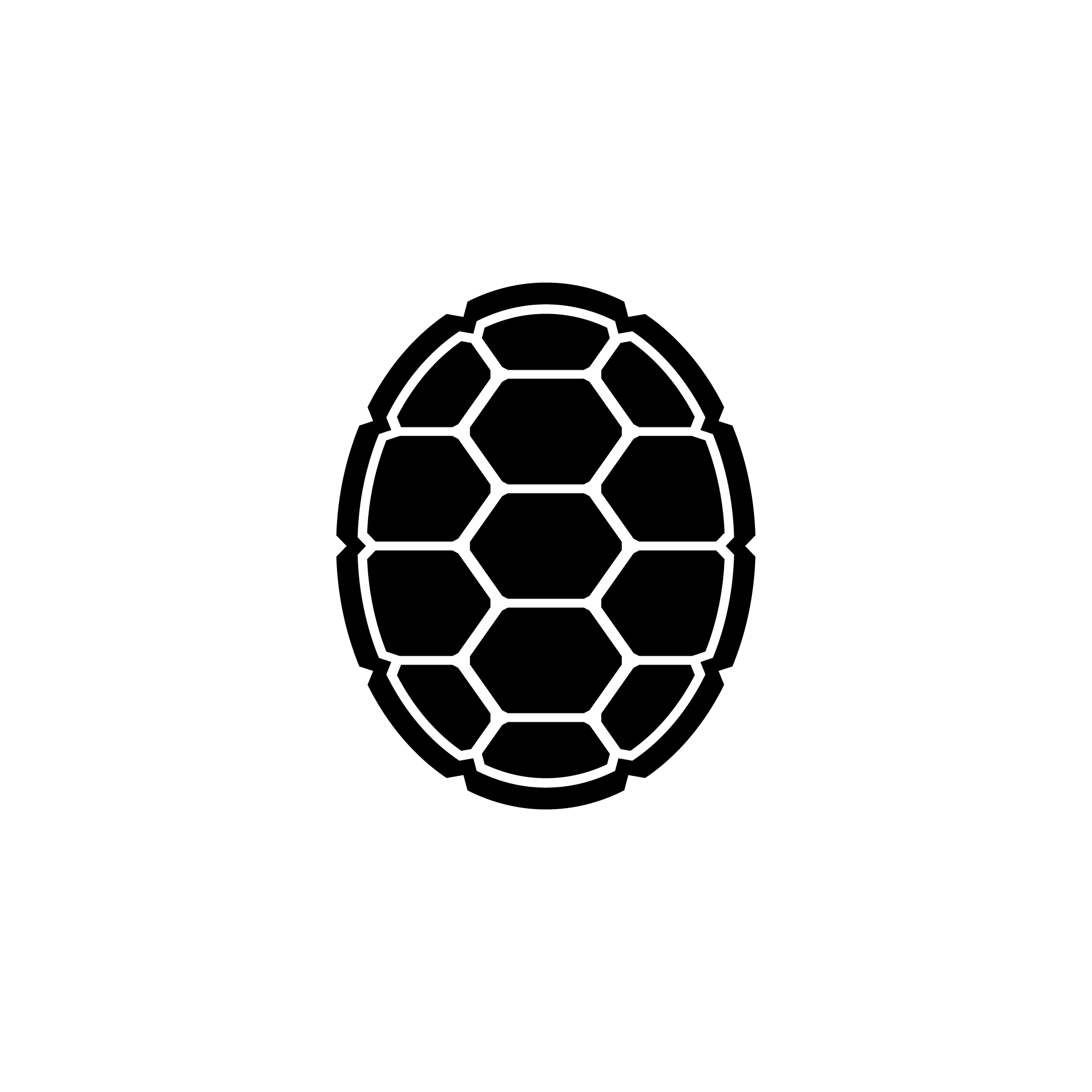 Black and white stylized soccer ball icon with hexagonal panel pattern.