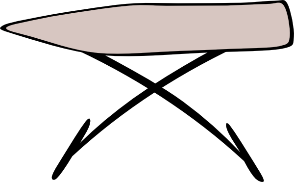 Simple line drawing of a classic ironing board with beige cover and X-frame legs.