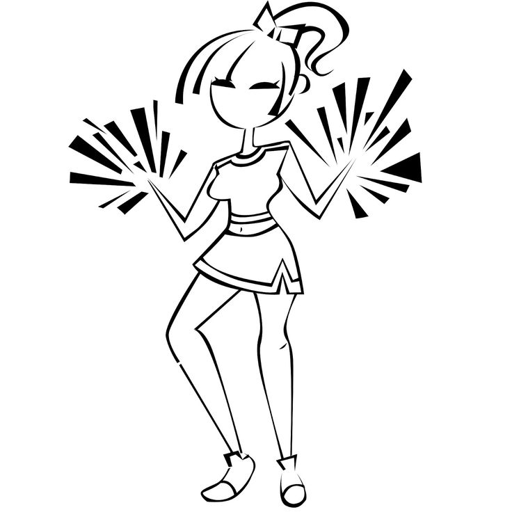 Black-and-white line drawing of a cheerful cheerleader with pom-poms and a ponytail, mid-dance pose.