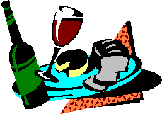 A stylized illustration of a wine bottle, glass of red wine, cheese wedge, and crackers on a platter.