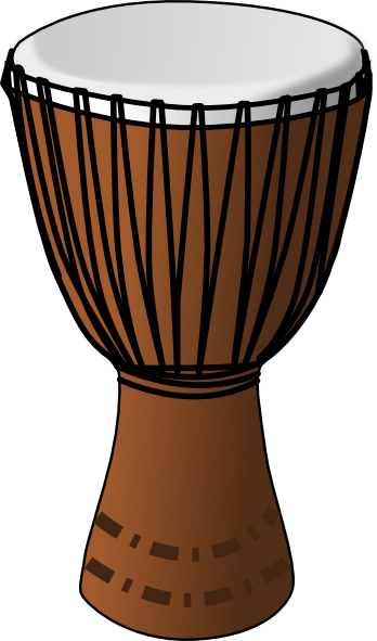 Illustration of a traditional West African djembe drum with rope-tuned head and carved wooden body.