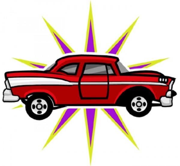 Red and white classic 1950s American sedan with vibrant yellow and purple starburst background.