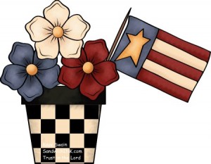 Patriotic floral arrangement in a checkered pot with American flag motif and stars-and-stripes banner.