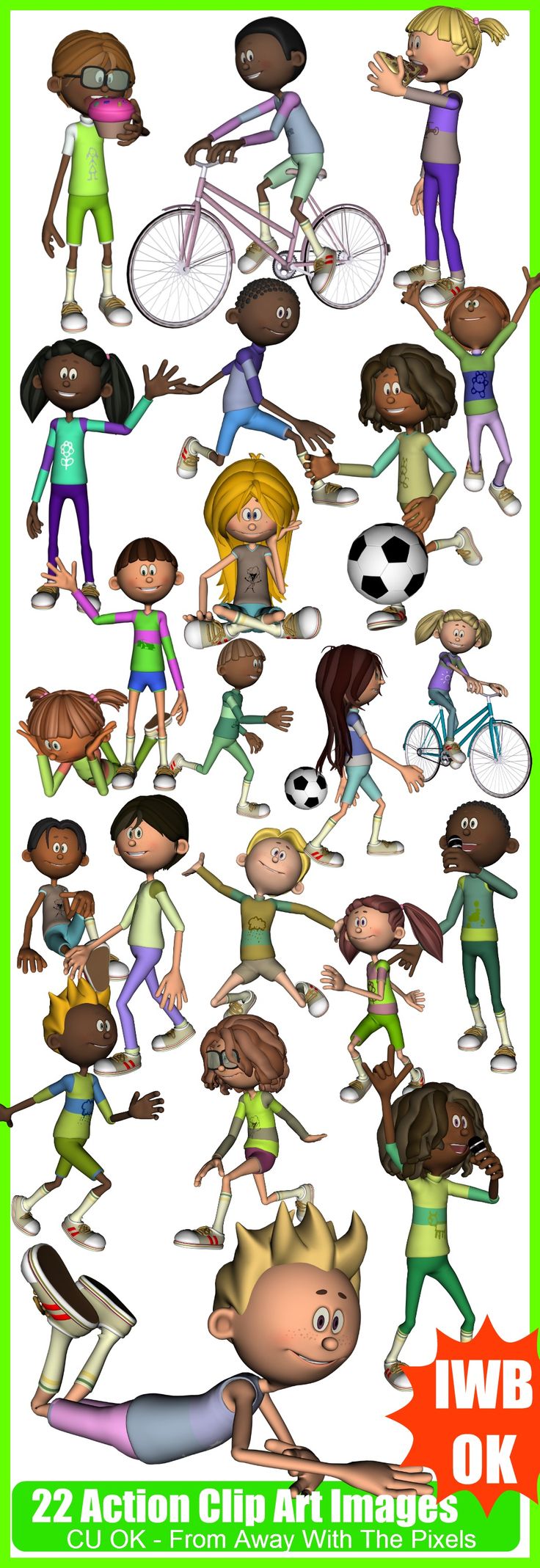 Diverse group of 22 animated children in colorful outfits performing various playful actions like biking, soccer, dancing, and eating.