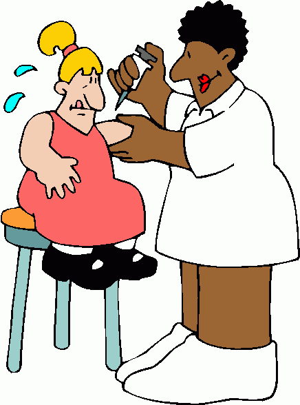 A cartoon of a healthcare professional giving an injection to a nervous patient seated on a stool.