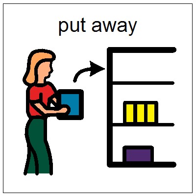 Woman placing a blue box onto a shelf with other items, labeled "put away"