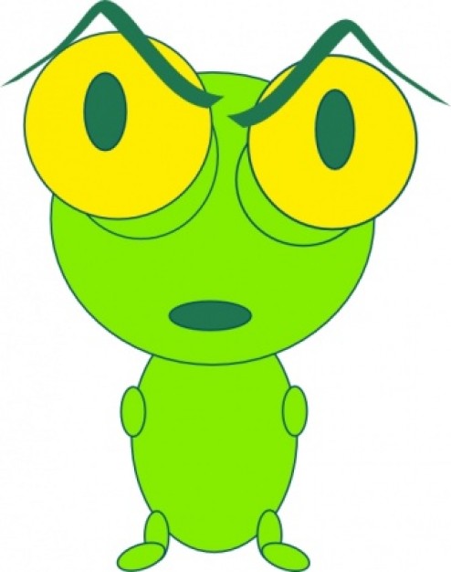 A cartoon green insect character with large yellow eyes and expressive eyebrows, standing upright against a white background.
