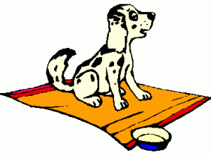 A cartoon Dalmatian dog with black spots sits attentively on an orange mat beside a food bowl.