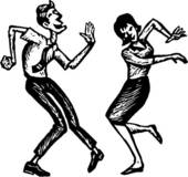 Black-and-white line drawing of a joyful man and woman dancing energetically side by side.