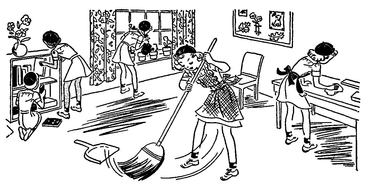 Children collaboratively cleaning a classroom-sweeping, wiping tables, organizing shelves, and tending plants.