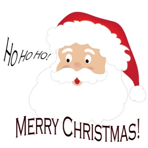 Cheerful cartoon Santa Claus with red hat, white beard, and "Ho Ho Ho! Merry Christmas!" text.