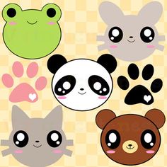 Cute kawaii-style animal faces including frog, panda, cat, and bear with paw prints on a checkered background.