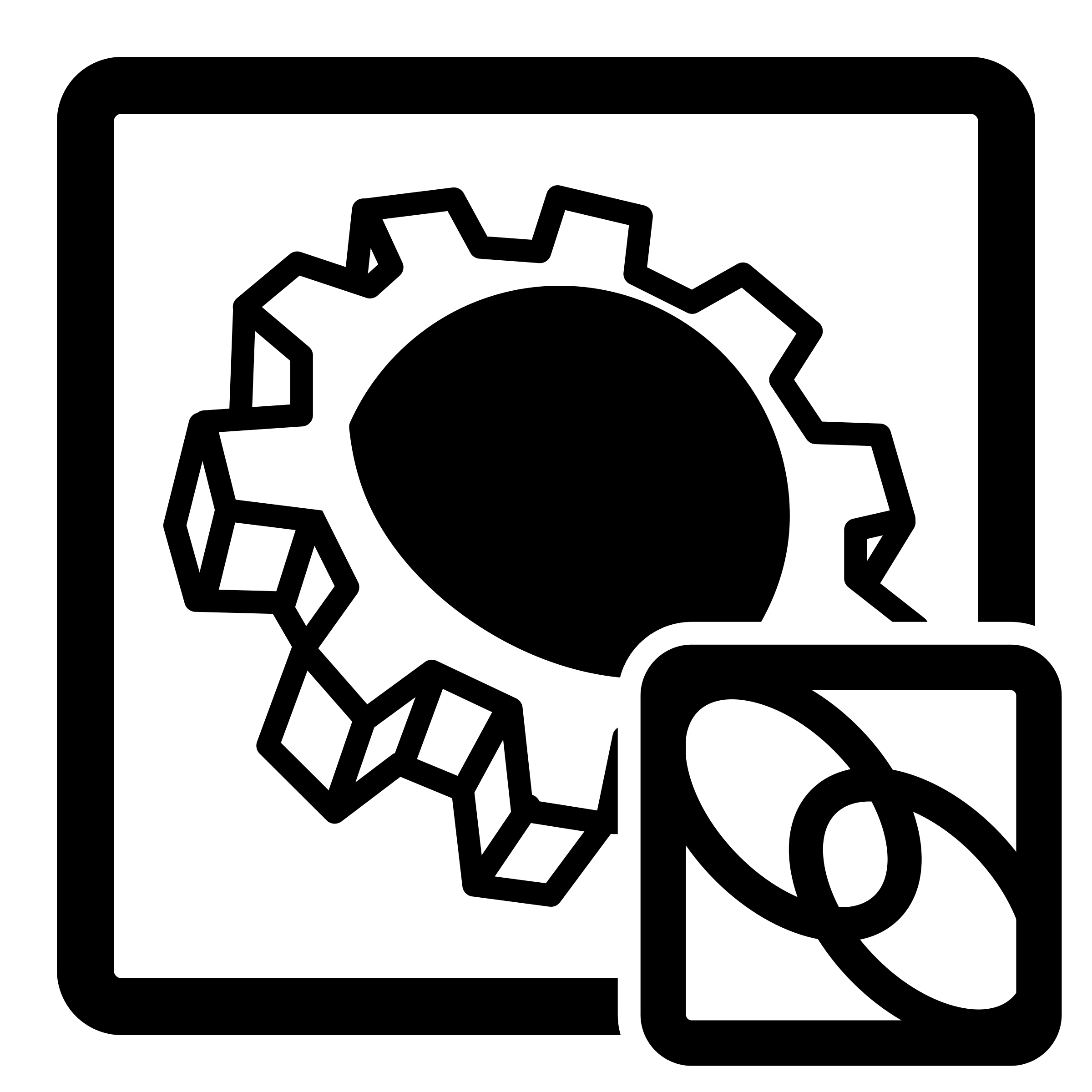 Black-and-white icon showing a gear, molecular structure, and eye inside document frames, symbolizing data analysis and AI insights.