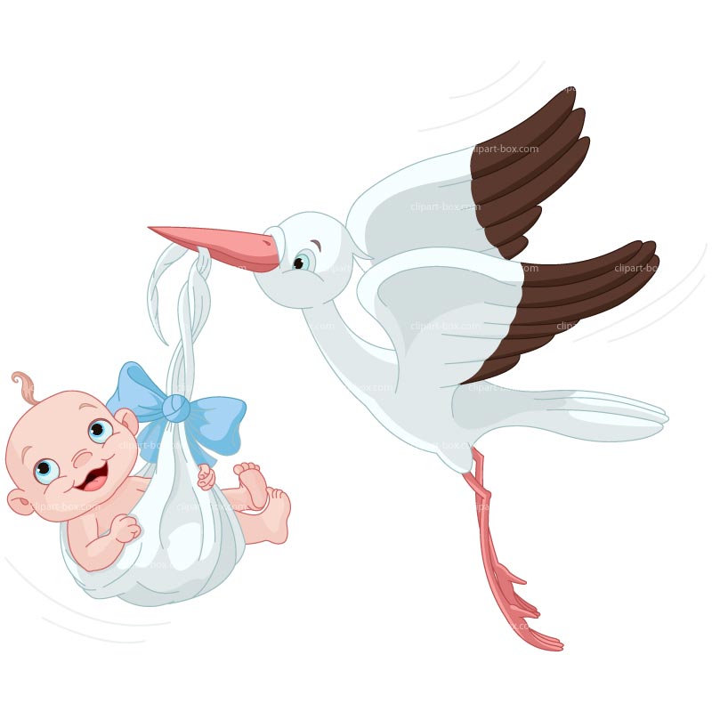 A cartoon stork flying while carrying a smiling baby wrapped in a white blanket with a blue bow.