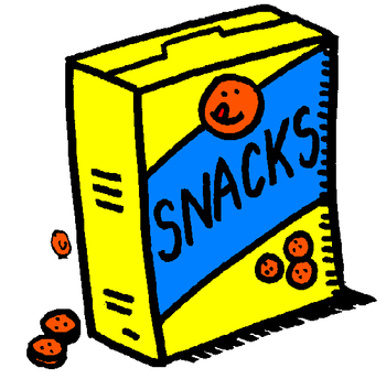Bright yellow snack box with blue label, smiling face, and scattered round snacks.