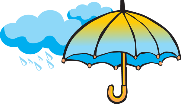A colorful yellow-and-blue umbrella shielding against falling raindrops under a cloudy sky.